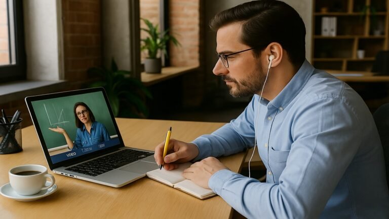 Jovem concentrado assistindo aula virtual e anotando conteúdos importantes