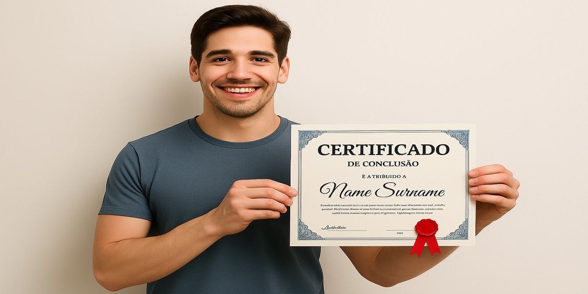 Estudante sorridente segurando certificado em cerimônia de formatura.