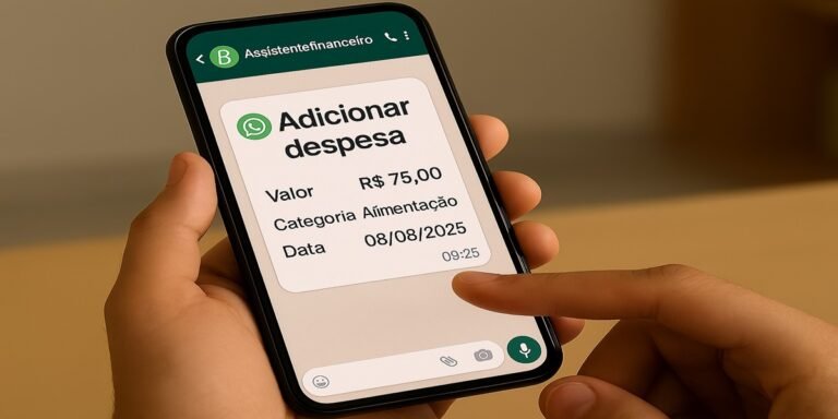 Mulher registra despesa de supermercado em aplicativo financeiro após finalizar a compra