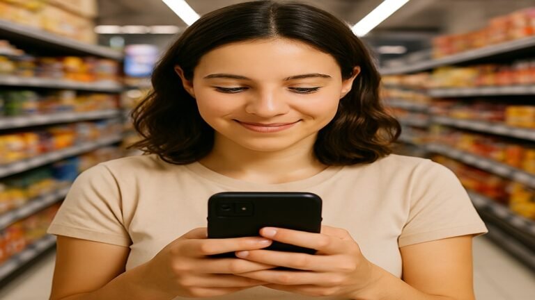 Mulher sorridente usando o celular enquanto faz compras em um corredor de supermercado